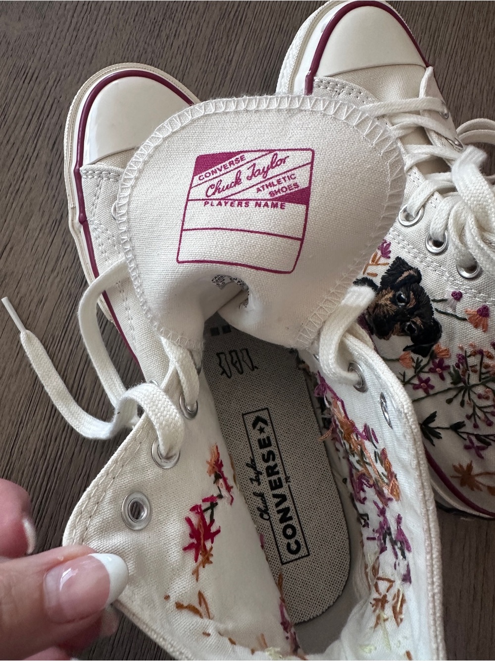 Converse High Top Sneakers Cream with Floral Embroidery & a dog (dachshund) - Picture 4 of 6